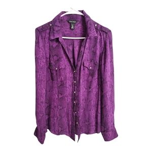 WHBM Silk Snakeskin Roll Tab Sleeve Button Up Preppy Office Party‎ Blouse 14